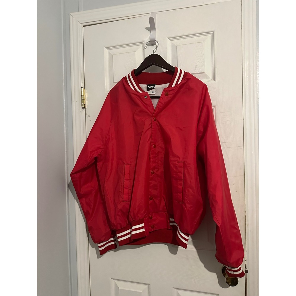 Vintage Bike Red Nylon Varsity Coach Jacket Mens XL Striped Trim Windbreaker